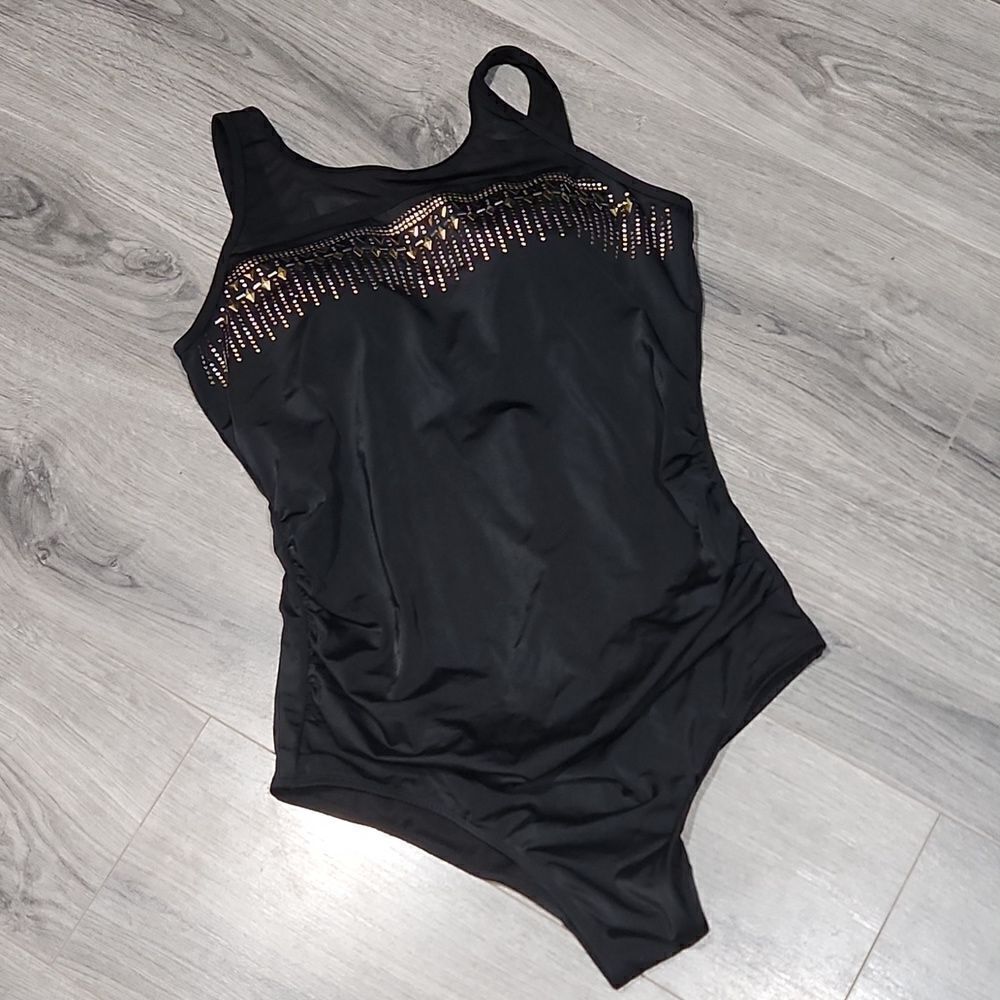 Black Mesh Gold/Silver Studded Rouched Swimsuit